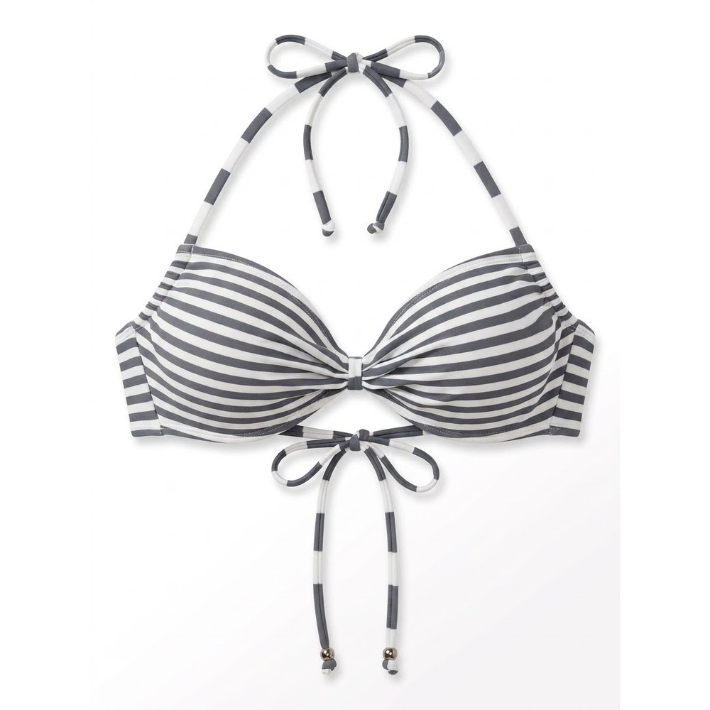 Hobie Bikini Top Women Medium Grey White Striped Halter Swimwear HS4MX81